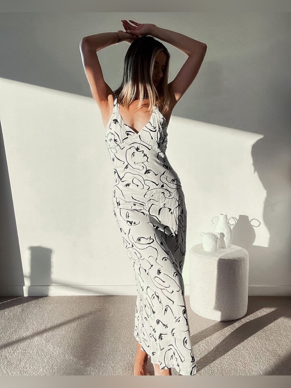 DISSH White Slip Maxi Dress with Black Abstract Face Print